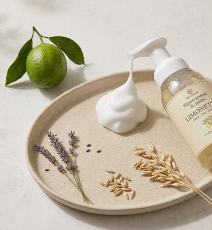 Spumă de săpun pe o farfurie de ceramică, cu spice de ovăz, lavandă și un lime